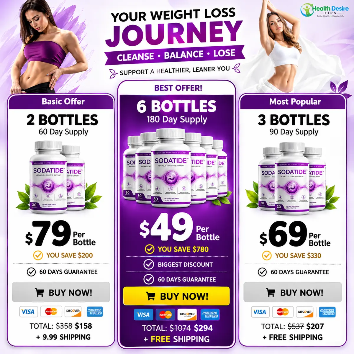 SodaTide pricing packages: 2 bottles, 6 bottles best offer, and 3 bottles most popular
