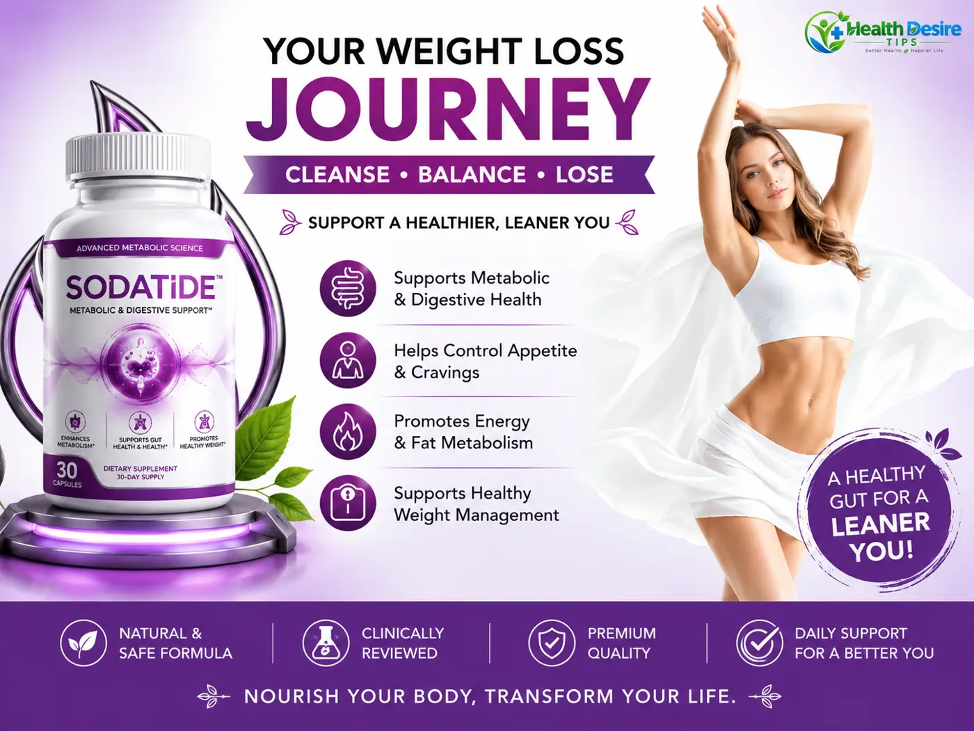 SodaTide metabolic and digestive support supplement bottle — Cleanse, Balance, Lose